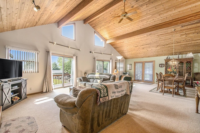 50041 David Dr, Dowagiac, MI 49047 - carpeted living area featuring high vaulted ceiling, a wooden ceiling with exposed beams, and a ceiling fan