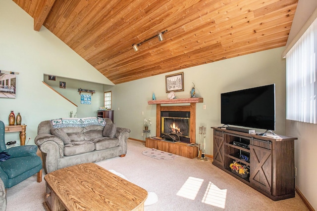 50041 David Dr, Dowagiac, MI 49047 - living room featuring wooden ceiling, carpet floors, a glass covered fireplace, and plenty of natural light
