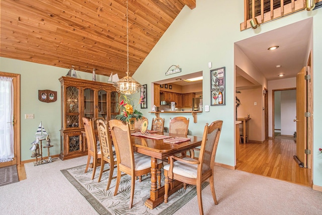 50041 David Dr, Dowagiac, MI 49047 - dining room with light carpet, a chandelier, high vaulted ceiling, recessed lighting, and wood ceiling