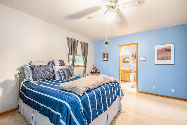 50041 David Dr, Dowagiac, MI 49047 - bedroom featuring light carpet, ensuite bathroom, and ceiling fan