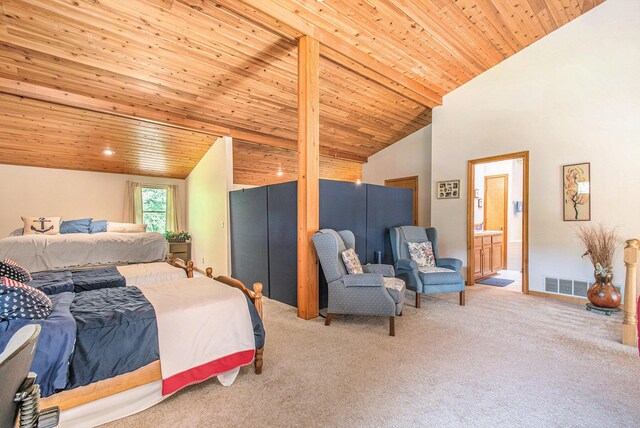 50041 David Dr, Dowagiac, MI 49047 - carpeted bedroom featuring wood ceiling, connected bathroom, and high vaulted ceiling