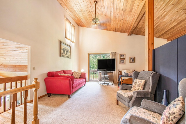 50041 David Dr, Dowagiac, MI 49047 - carpeted living area featuring wooden ceiling and a high ceiling