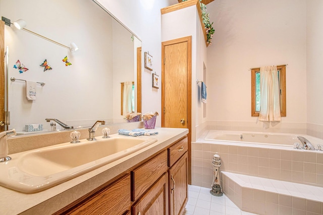 50041 David Dr, Dowagiac, MI 49047 - bathroom featuring a garden tub, tile patterned floors, vanity, and a high ceiling