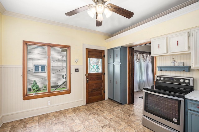 106 E Mechanic St, Yale, MI 48097 - kitchen featuring electric range, stone finish floors, ceiling fan, white cabinetry, and light countertops