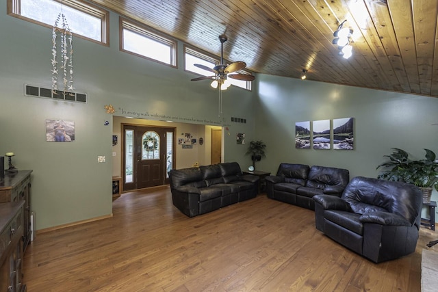 7715 Marquis Dr, Dexter, MI 48130 - living area featuring high vaulted ceiling, healthy amount of natural light, wood finished floors, a ceiling fan, and wooden ceiling