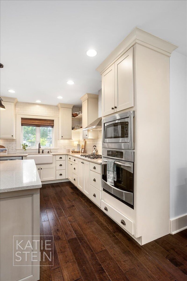 859 Orchard Ave SE, East Grand Rapids, MI 49506 - kitchen with appliances with stainless steel finishes, dark wood finished floors, light stone counters, decorative backsplash, and open shelves