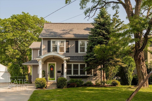 859 Orchard Ave SE, East Grand Rapids, MI 49506 - view of front facade with a shingled roof, a front yard, and an outbuilding