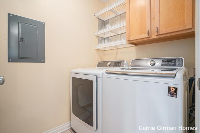 3089 E Crystal Waters Dr Unit 7, Holland, MI 49424 - laundry area featuring electric panel, washing machine and clothes dryer, and cabinet space