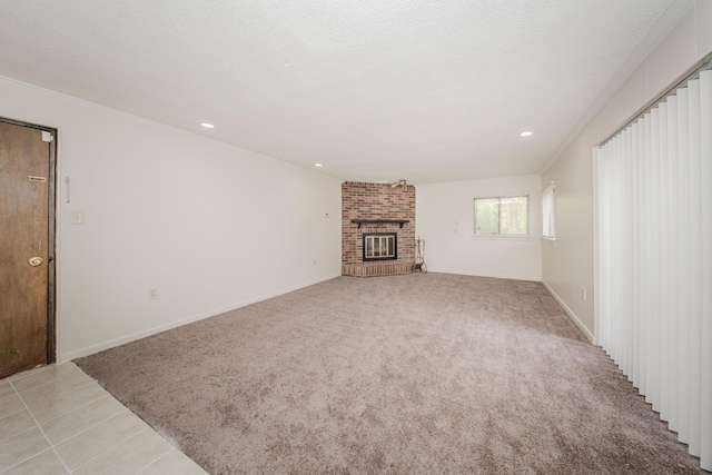 25255 Orchard Grove St, Southfield, MI 48033 - unfurnished living room featuring light colored carpet, a fireplace, recessed lighting, and light tile patterned floors