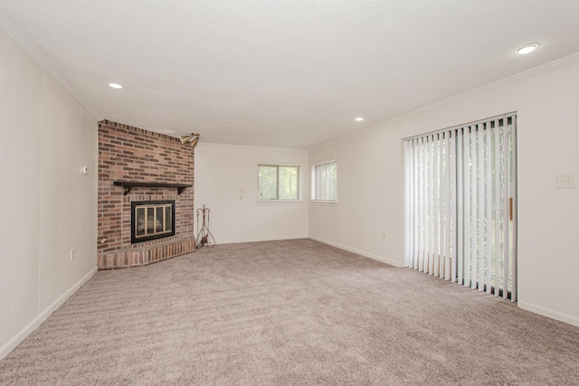 25255 Orchard Grove St, Southfield, MI 48033 - unfurnished living room with a fireplace, carpet flooring, crown molding, and recessed lighting