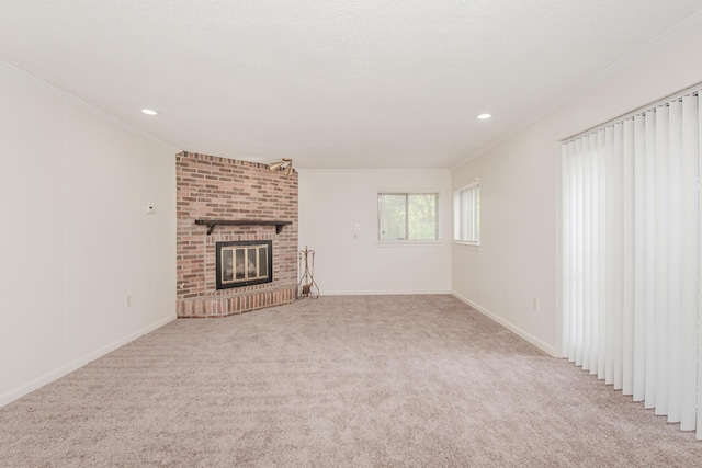 25255 Orchard Grove St, Southfield, MI 48033 - unfurnished living room featuring recessed lighting, a fireplace, ornamental molding, and carpet flooring