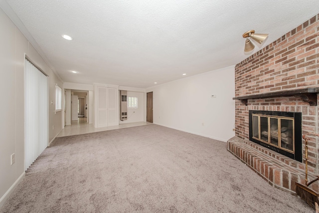 25255 Orchard Grove St, Southfield, MI 48033 - unfurnished living room featuring a fireplace, carpet floors, a textured ceiling, and recessed lighting