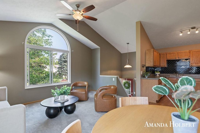 430 6th St NE, Cedar Springs, MI 49319 - living area with a ceiling fan, vaulted ceiling, and carpet floors