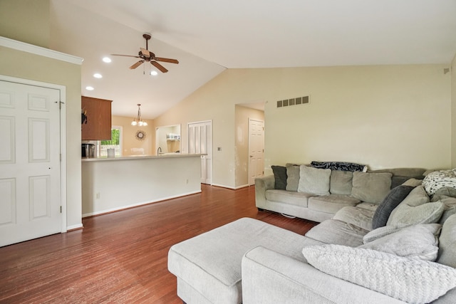 8280 Frederick St, Salem, MI 48175 - living room featuring vaulted ceiling, ceiling fan, dark wood finished floors, recessed lighting, and a chandelier