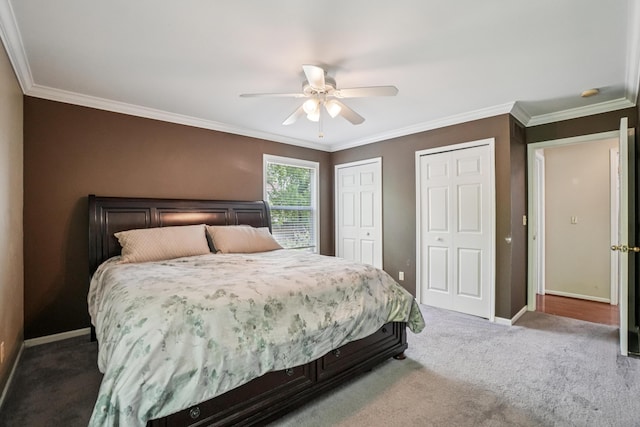 8280 Frederick St, Salem, MI 48175 - bedroom featuring multiple closets, crown molding, dark colored carpet, and ceiling fan