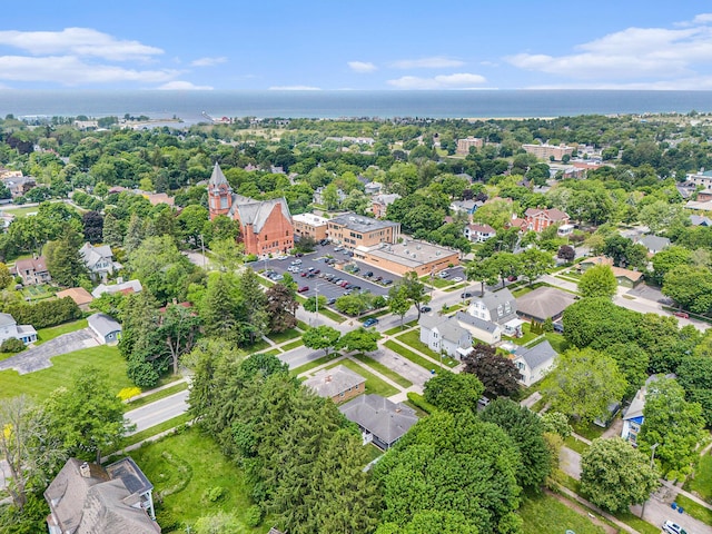 395 4th St, Manistee, MI 49660 - aerial overview of property's location with a nearby body of water