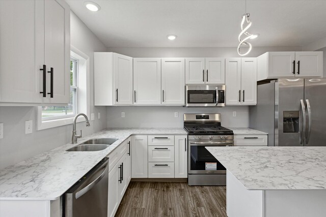313 E Main St, Marion, MI 49665 - kitchen featuring stainless steel appliances, dark wood-style flooring, white cabinets, light stone counters, and recessed lighting