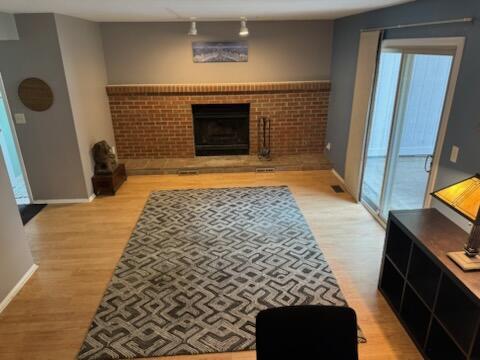 5689 Rothbury Ct, Ypsilanti, MI 48197 - living room featuring light wood-type flooring, a fireplace, and track lighting