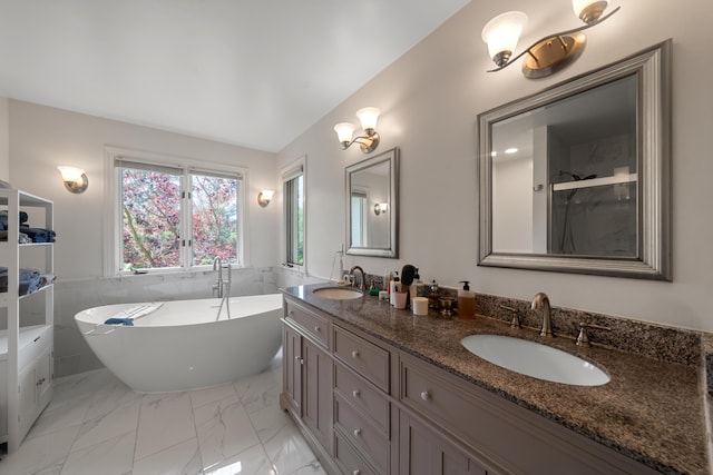 7624 Quail Ridge Dr, Dexter, MI 48130 - bathroom with a soaking tub, double vanity, marble look tile flooring, lofted ceiling, and a shower with shower door
