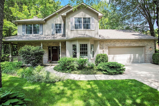 50 Country Hls, Marshall, MI 49068 - traditional-style home with brick siding, a garage, concrete driveway, and a chimney