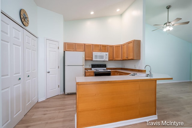 17909 Hidden Dunes Ln Unit B, Spring Lake, MI 49456 - kitchen featuring white appliances, high vaulted ceiling, a ceiling fan, a peninsula, and light wood-style floors
