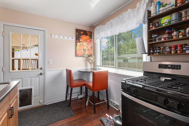 1198 Hawthorne Ave, Ypsilanti, MI 48198 - kitchen featuring stainless steel gas range, dark wood-style flooring, wainscoting, and open shelves