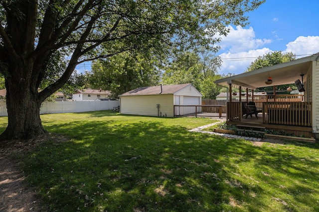 1198 Hawthorne Ave, Ypsilanti, MI 48198 - fenced backyard with a detached garage, an outdoor structure, and a wooden deck