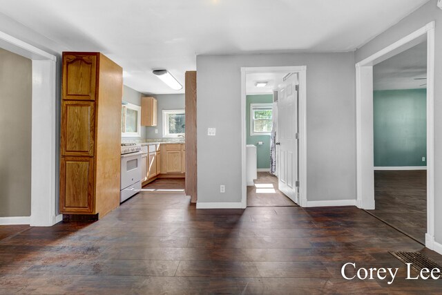 413 W Riverside Dr, Ionia, MI 48846 - kitchen with white gas stove, light countertops, and dark wood-type flooring