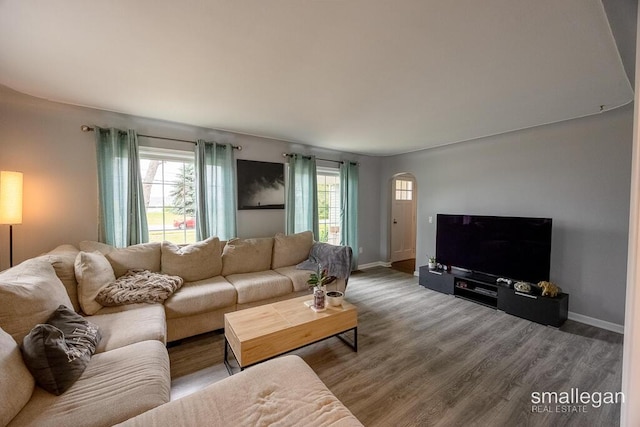 5161 Grand River Dr NE, Grand Rapids, MI 49525 - living area with wood finished floors and arched walkways