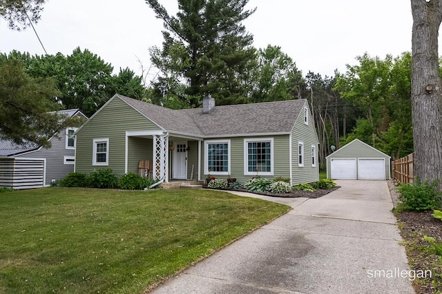 5161 Grand River Dr NE, Grand Rapids, MI 49525 - view of front of home featuring a detached garage, a chimney, a front lawn, an outdoor structure, and a shingled roof