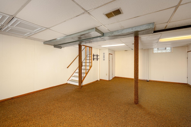 639 Cleveland, Lincoln Park, MI 48146 - below grade area with stairs, carpet floors, and a drop ceiling