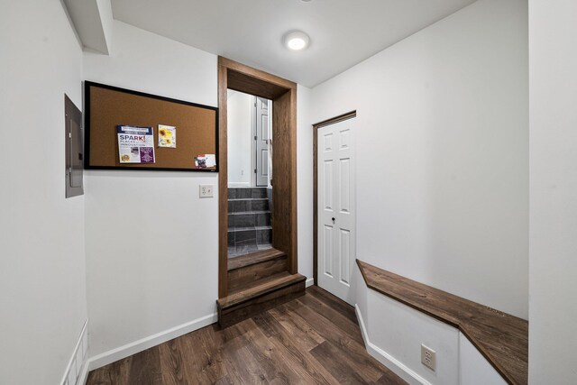 13060 Broadway Rd, Three Rivers, MI 49093 - hallway with dark wood-style floors, stairway, and electric panel