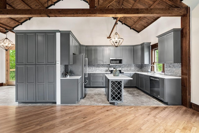 13060 Broadway Rd, Three Rivers, MI 49093 - kitchen with a chandelier, appliances with stainless steel finishes, gray cabinets, a wood ceiling with exposed beams, and high vaulted ceiling