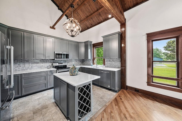 13060 Broadway Rd, Three Rivers, MI 49093 - kitchen featuring appliances with stainless steel finishes, a wood ceiling with exposed beams, gray cabinets, tasteful backsplash, and a chandelier