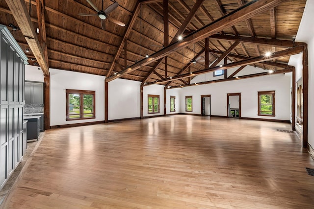 13060 Broadway Rd, Three Rivers, MI 49093 - unfurnished living room featuring a wood ceiling with exposed beams, high vaulted ceiling, plenty of natural light, light wood finished floors, and a ceiling fan