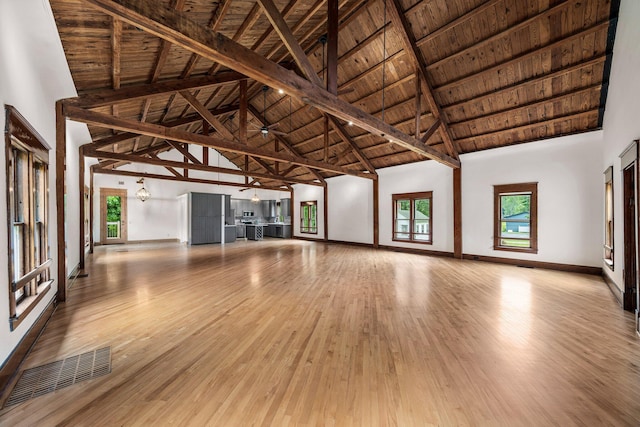 13060 Broadway Rd, Three Rivers, MI 49093 - unfurnished living room featuring high vaulted ceiling, a wooden ceiling with exposed beams, and wood finished floors