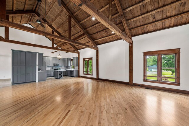 13060 Broadway Rd, Three Rivers, MI 49093 - unfurnished living room featuring high vaulted ceiling, a wood ceiling with exposed beams, light wood finished floors, healthy amount of natural light, and ceiling fan