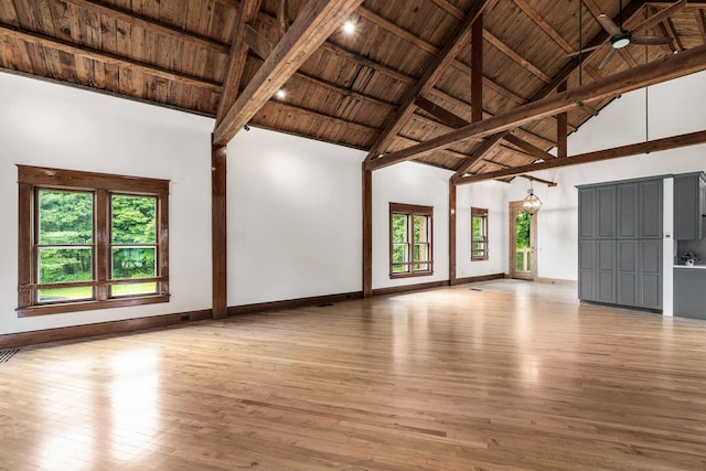 13060 Broadway Rd, Three Rivers, MI 49093 - unfurnished room featuring a wooden ceiling with exposed beams, high vaulted ceiling, healthy amount of natural light, hardwood / wood-style flooring, and ceiling fan