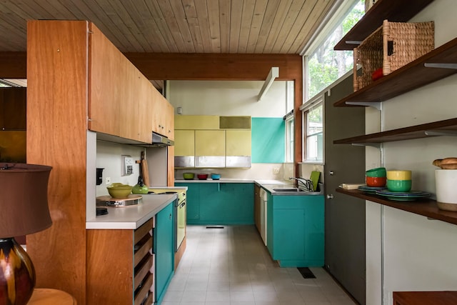4075 N Delhi Rd, Ann Arbor, MI 48103 - kitchen with open shelves, plenty of natural light, a wooden ceiling with exposed beams, under cabinet range hood, and light countertops