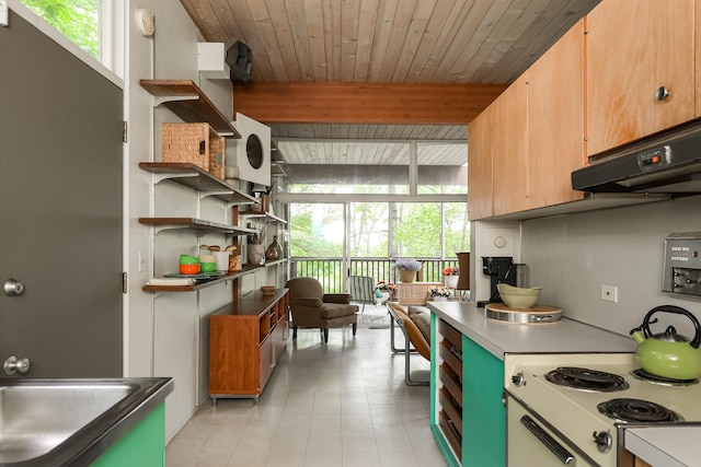 4075 N Delhi Rd, Ann Arbor, MI 48103 - kitchen with light countertops, open shelves, a wood ceiling with exposed beams, ventilation hood, and light tile patterned flooring