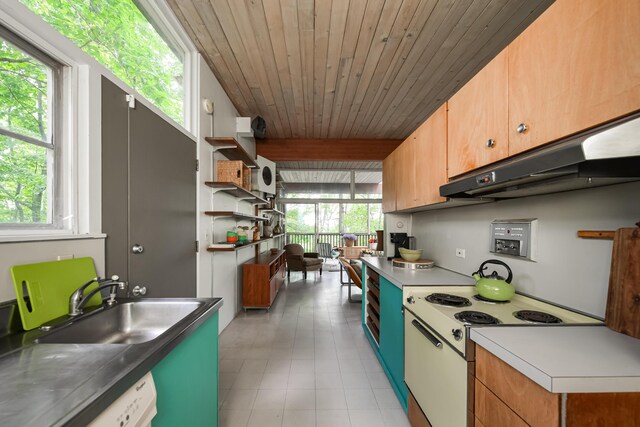 4075 N Delhi Rd, Ann Arbor, MI 48103 - kitchen with white appliances, under cabinet range hood, plenty of natural light, wooden ceiling, and light countertops