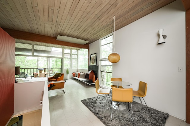 4075 N Delhi Rd, Ann Arbor, MI 48103 - dining space with a wood ceiling with exposed beams and a wall of windows