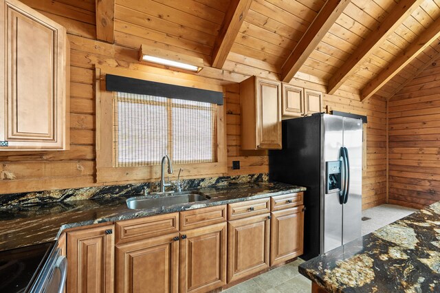 9715 Woodlawn Dr, Portage, MI 49002 - kitchen with stainless steel refrigerator with ice dispenser, wooden walls, wooden ceiling, dark stone counters, and electric range
