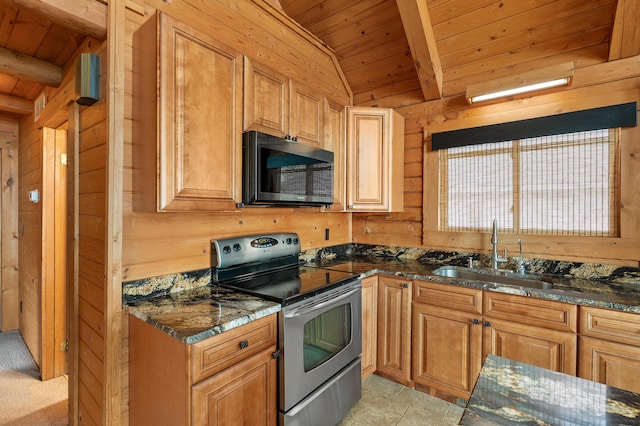 9715 Woodlawn Dr, Portage, MI 49002 - kitchen with stainless steel range with electric stovetop, wood ceiling, dark stone countertops, and wood walls