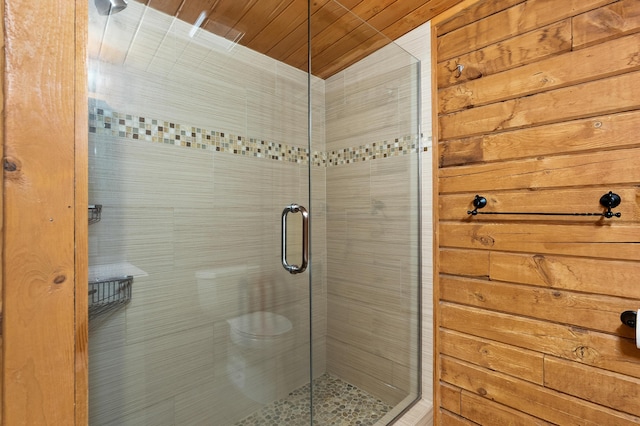 9715 Woodlawn Dr, Portage, MI 49002 - bathroom with a stall shower and wood ceiling