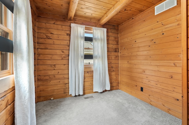 9715 Woodlawn Dr, Portage, MI 49002 - unfurnished bedroom with a wooden ceiling with exposed beams, carpet floors, and wood walls