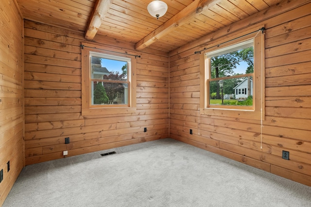 9715 Woodlawn Dr, Portage, MI 49002 - carpeted spare room with healthy amount of natural light, a wooden ceiling with exposed beams, and wood walls