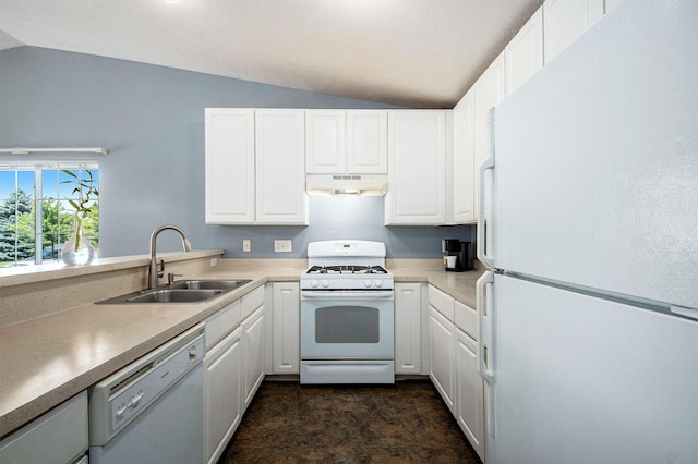 2663 Weatherby Hills Dr SE, Grand Rapids, MI 49546 - kitchen featuring white appliances, lofted ceiling, under cabinet range hood, white cabinets, and light countertops