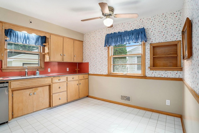 1932 Concord Ave SE, Grand Rapids, MI 49506 - kitchen featuring wallpapered walls, a ceiling fan, dishwasher, and light brown cabinetry