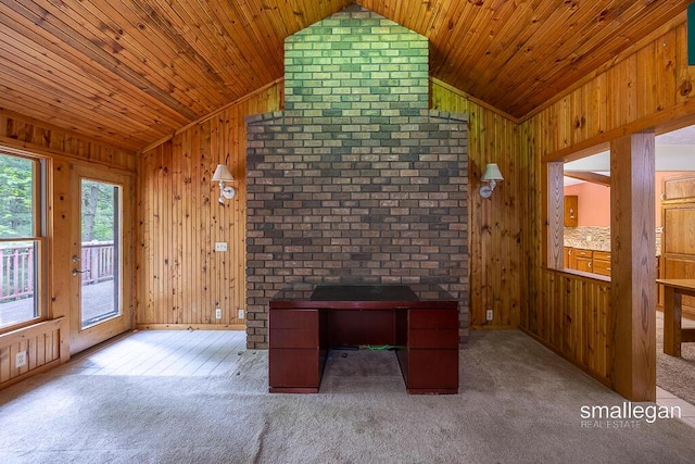 550 Greentree Ln NE, Ada, MI 49301 - unfurnished office featuring vaulted ceiling, wooden walls, wooden ceiling, and carpet flooring